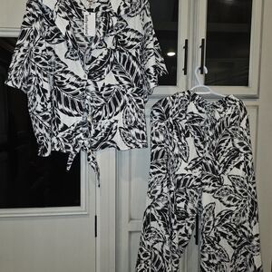 Kathy Ireland Black and White Leaf Print Set